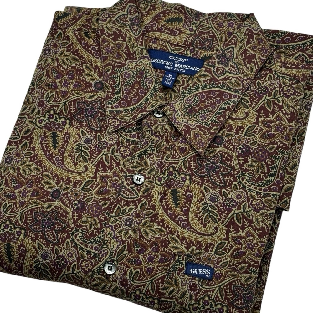 VTG Guess By Marciano Shirt Mens M Floral Paisley Print Made Hong Kong Button Up